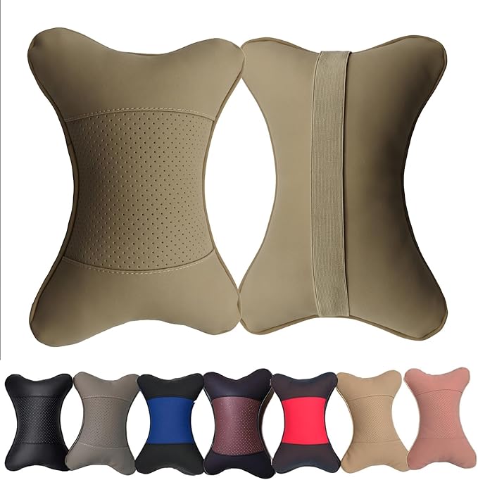 Car Neck Pillows Both Side Pu Leather 2pieces Pack Headrest Fit for Most Cars Filled Fiber Universal Car Pillow (Beige)