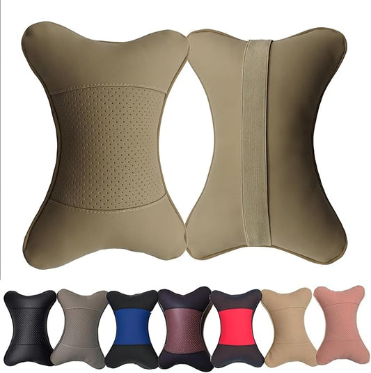 Car Neck Pillows Both Side Pu Leather 2pieces Pack Headrest Fit for Most Cars Filled Fiber Universal Car Pillow (Beige)