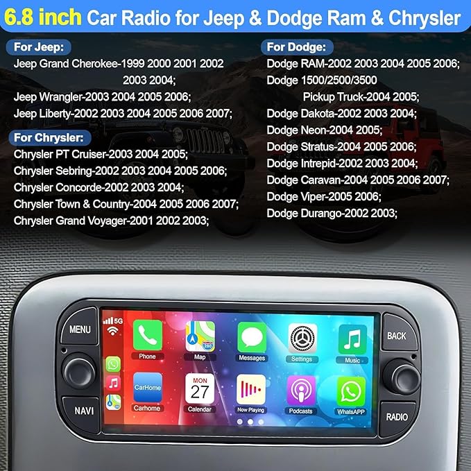 [4G+64G] Car Radio for Dodge RAM 2002 2003 2004 2005 2006, for Jeep Wrangler 2003 2004 2005 2006,Jeep Grand Cherokee 1999-2004, Support Wireless Carplay&Android Auto, 6.8 inch IPS Touchscreen
