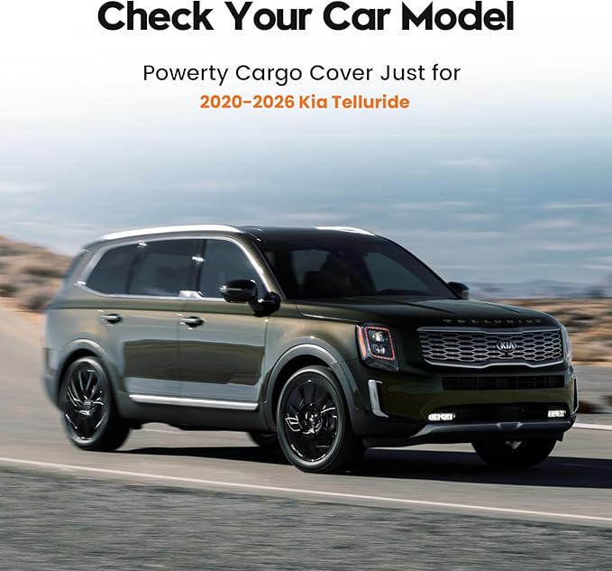 Powerty Retractable Cargo Cover for 2020-2025 Kia Telluride - Canvas Texture Trunk Cover Privacy Screen Rear Security Shade for Telluride Accessories