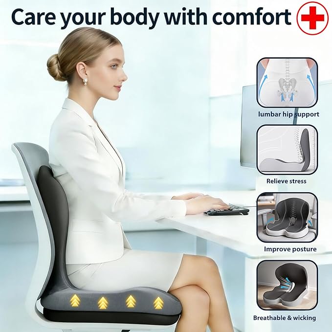Onever Ergonomic Memory Foam Seat Cushion, Lumbar Support Non Slip for Truck Driver Long Driving Office Chair Back Tailbone Pain Relief Dual Color Black&Grey