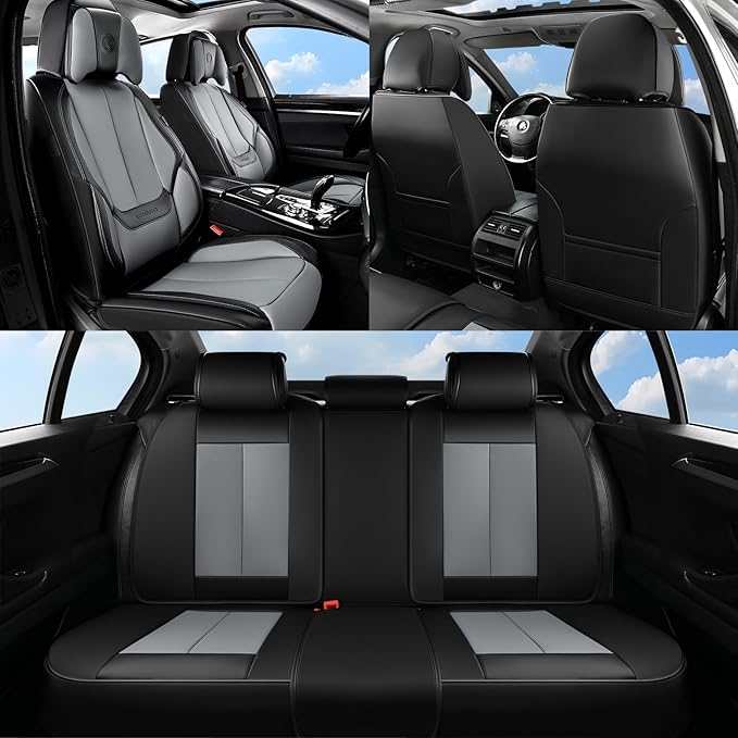 Coverado Seat Covers Full Set, 5 Seats Seat Covers for Cars, Waterproof Nappa Leather Car Seat Covers with Head Pillow, Seat Protectors Car Seat Cushion Universal Fit for Most Cars (Black&Gray)