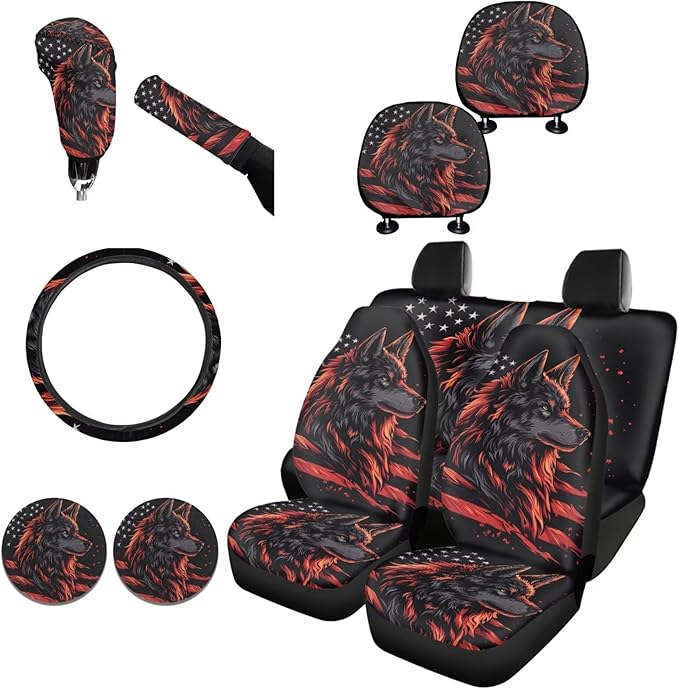 FKELYI Wolf Car Seat Covers Full Set for Men American Flag Non-Slip Seat Protector with Cup Coasters,Gear Shift Cover&Handbrake Cover, Steering Wheel Cover, Headrest Covers