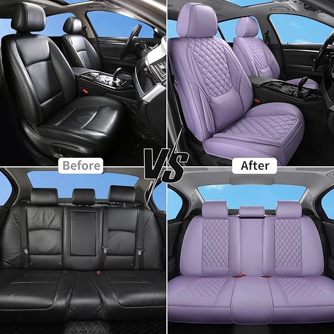 Car Seat Covers Front Seats Purple, Luxury Faux Leather Waterproof Non-Slip Women Seat Protector Universal Fit for Most Cars SUVs Trucks Pick-ups,Car Interior Accessories (Light Purple-Front Seats)