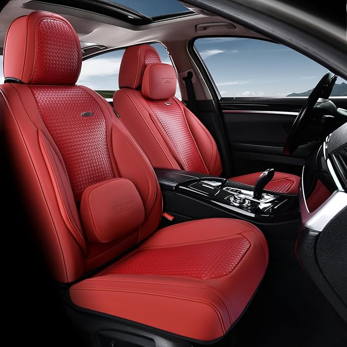 Coverado Car Seat Covers Full Set, Red Seat Covers for Cars, Waterproof Nappa Leather Automotive Seat Covers with Lumbar Head Pillow, Car Seat Protectors, Universal Fit for Most Cars SUV