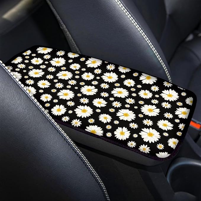 Car Center Console Mats, Daisy Car Armrest Pad Protector Gifts for Women, Universal Dustproof Armrest Decor Cushion for Cars & SUVs