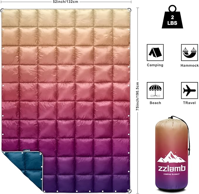 zzlamb Camping Blanket for Cold Weather,Outdoor Puffy Blanket Portable Down Alternative,Windproof Warm Cloak with Snaps,Cozy Quilt Backpacking Picnic RV Travel Plane Car Hammock Beach Climbing