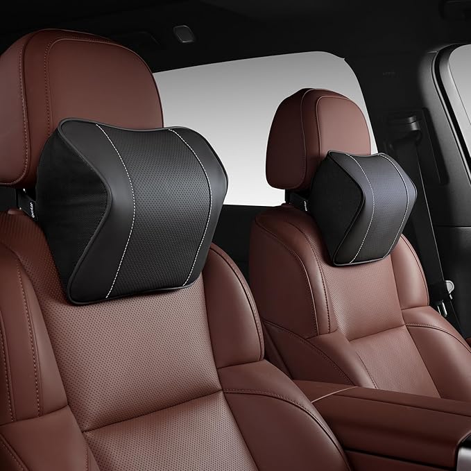 Quintor Genuine Leather Car Neck Pillow,Memory Foam Headrest Cushion, Ergonomic Cervical Support for Tesla Model 3/Y/X, Lexus, BMW- Breathable & All-Season Soft (2 PC)