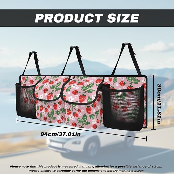 Car Trunk Organizer Pink Strawberry Back Seat Car Organizer Equipped with Robust Elastic Net, Hanging Car Storage Organizer with Lids, Space Saving Expert