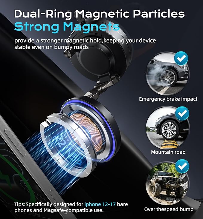 for MagSafe Car Mount Charger, 15W Fast Wireless Charging Magnetic Car Phone Holder, 360°Rotatable & Foldable Metal Stand, Strong N52 Magnet for iPhone 17–12 Series & Mag Safe Case