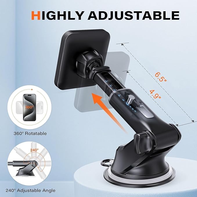 APPS2Car for MagSafe Car Mount, Magnetic Phone Holder for Car with Suction Cup, 17 Strong Magnets & Adjustable Arm, Dashboard & Windshield Phone Mount Compatible with MagSafe Case iPhone 12–17 Series