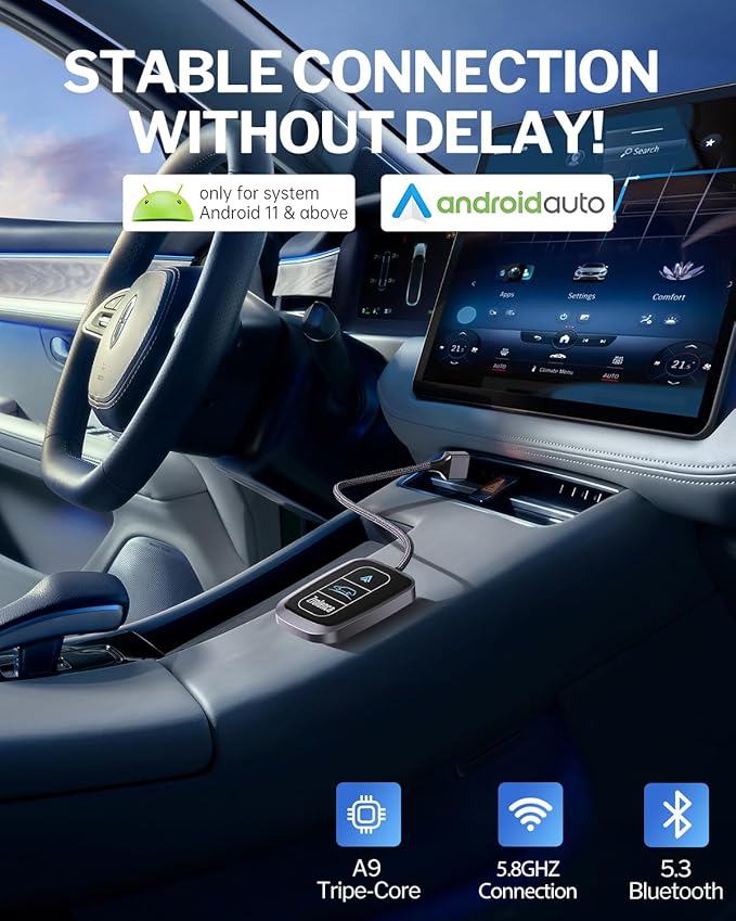 Wireless Android Auto Adapter for Factory Wired Android Auto Car, Converts Wired to Wireless, Compatible with Android 11+ & Cars from 2017, Black
