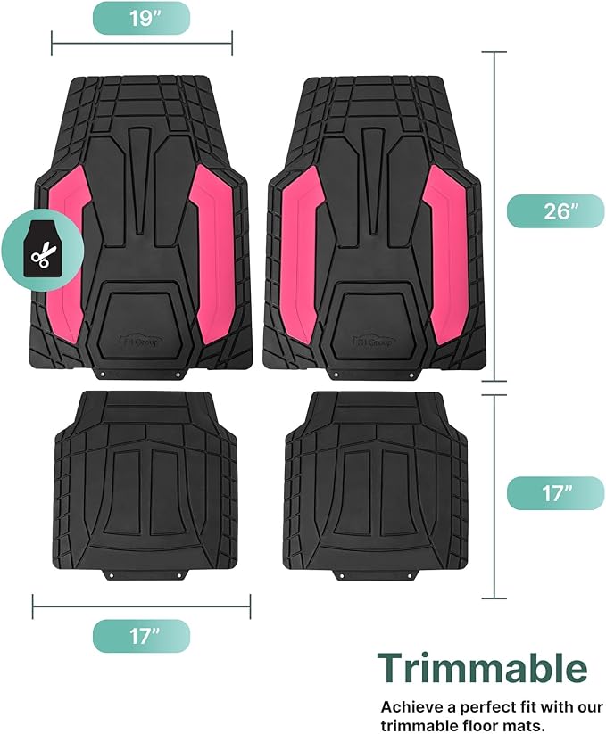 FH Group Heavy-Duty Rubber Floor Mats for Cars - Stripe Design, Universal Fit Full Set, Climaproof, Trimmable for Most Sedan, SUV, Truck - Pink