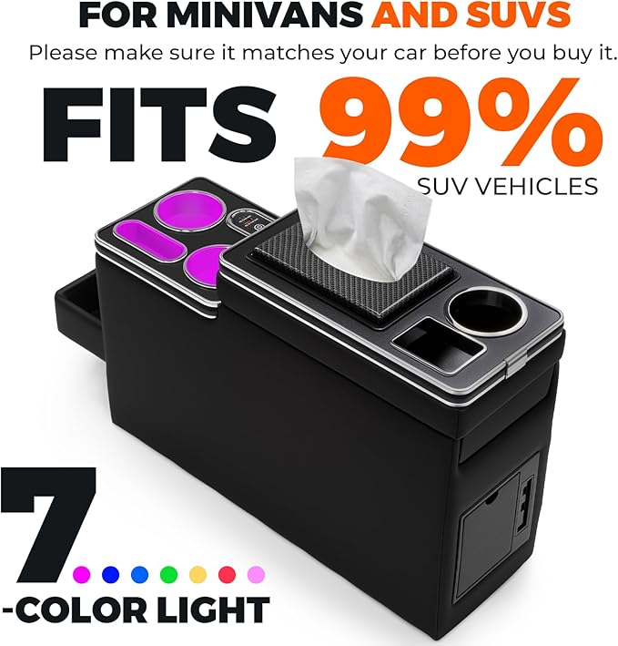 Center Console Between Seat Organizer for Minivans,SUVs,with Dual USB Charging ,Cup Holders,tissue box, 7 Color ambient lighting and drawers for Minivan, Middle Van Floor Console Organizer Storage Box