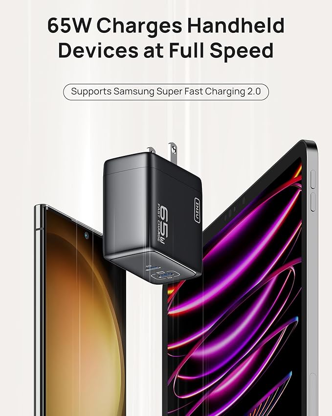 INIU 2 USB C Ports 65W GaN Charger - Compact Foldable PD PPS USB C Wall Charger for MacBook Pro/Air, Dell XPS 13, iPad Pro, Samsung Galaxy S23, Note 20/10+, iPhone 16/15/14, Steam Deck