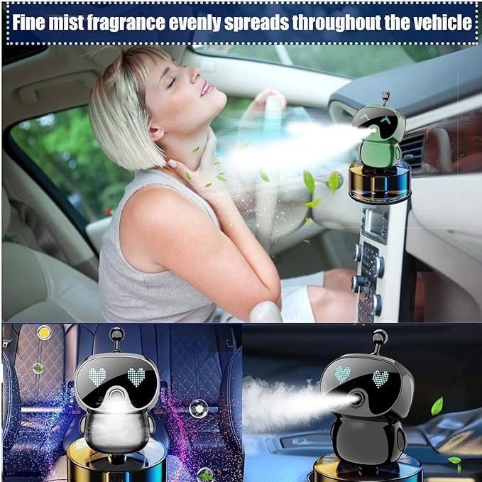 Robot Intelligent Aromatherapy Machine, Smart Cute Robot Car Air Freshener, Fine Spray/Fillable/Four-Gear Adjustment/Vibration Sensing/On-Off/Large Capacity Long-Lasting Fragrance/V1 (Green, Gardenia)