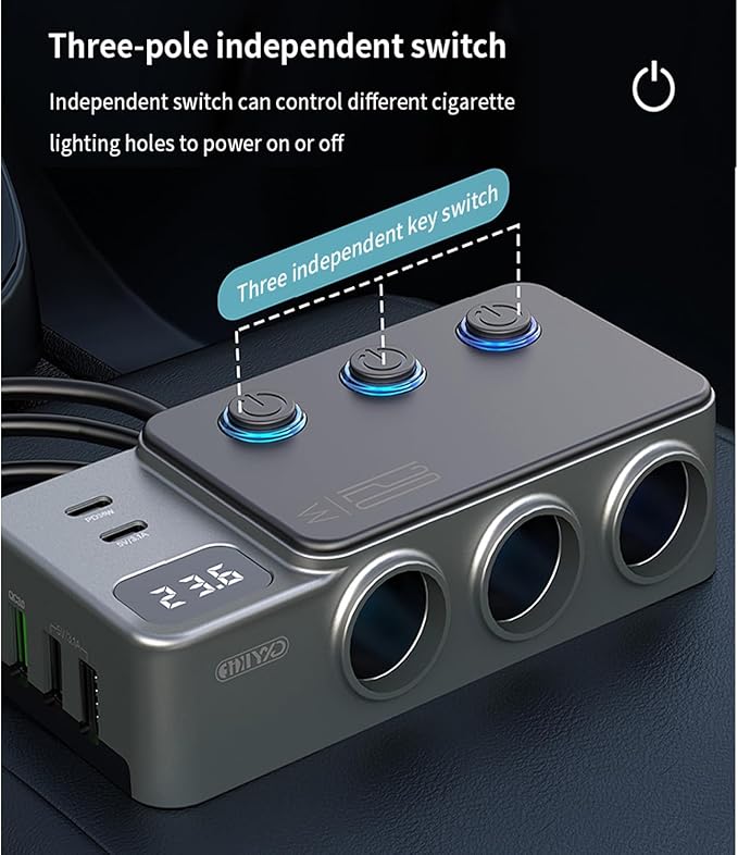 Cigarette Lighter Splitter, 8 in 1 Car Cigarette Lighter Adapter PD 35W Car Charger 3-Socket Heavy Duty Truck Multi Port USB C 12V/24V Independent Switches LED Display Super Fast Charger Car Devices