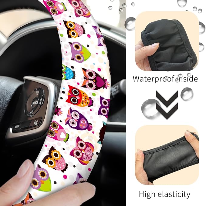 Car Steering Wheel Cover, Universal 15 Inch Neoprene Non-Slip Steering Wheel Covers, Funny Car Accessories for Women Men Fit Auto, Suvs, Truck Cute Colorful Owls