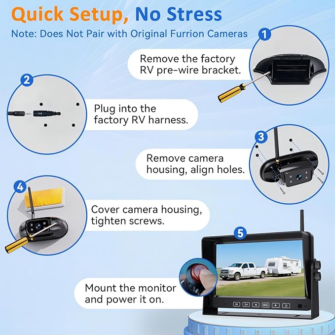 20-Mins Easy Install RV Backup Camera Wireless for Furrion: HD 1080P Rear View Camera with 7-Inch DVR Monitor - Clear Night Vision Wide View Reverse Camera with AI Detection