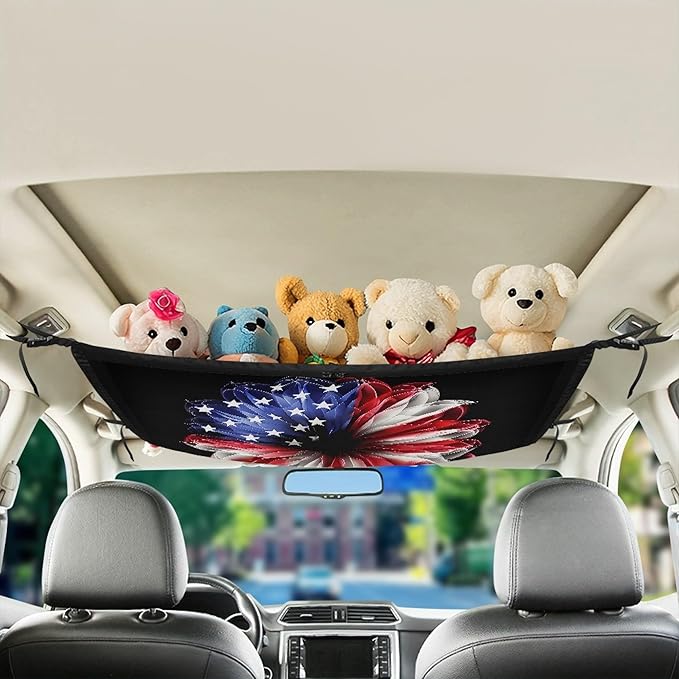 NDISTIN Sunflower Car Ceiling Cargo Net Pocket with Zipper American Flag Car Roof Storage Bag with Adjustable Buckle Easy Install Car Ceiling Storage Net for Truck SUV Van