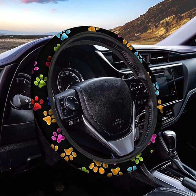 AFPANQZ Puppy Paw Prints Car Steering Wheel Covers Sweat Absorption Comfortable Grip Universal 14-15 inch Stretch-on Fabric Keep Warm Steering Wheel Protector for Women Gift Black Colored