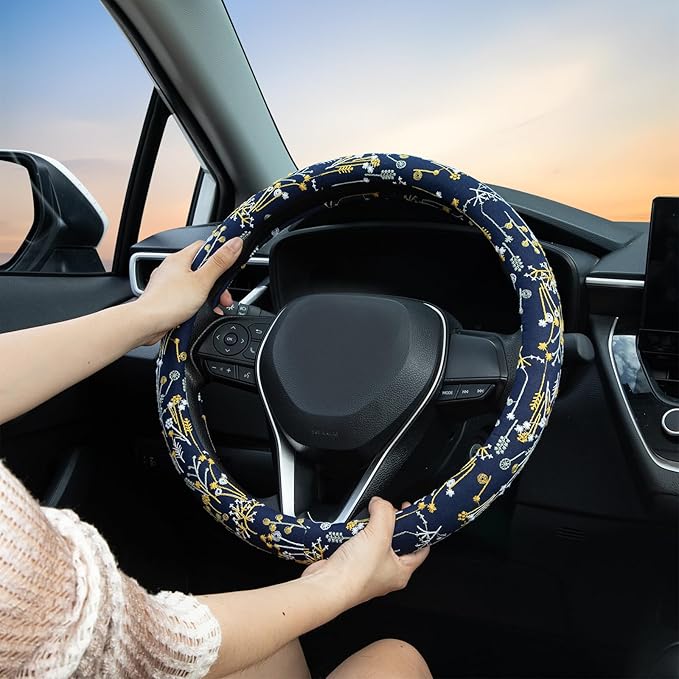 Navy Spherical Flowers Steering Wheel Cover Auto Steering Wheel Protector, Anti-Slip, Absorbing Sweat, Universal Flowers Car Accessories 14.5–15 inch,Fit for Most Car, Trucks, SUV