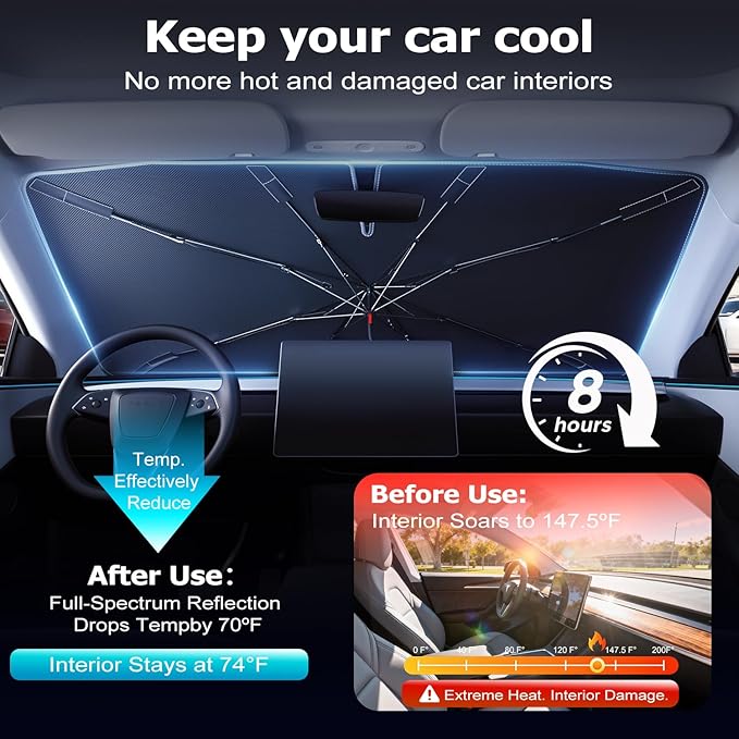 [Upgraded] DooGooCoo Windshield Sun Shade Umbrella - Large, Car Sunshade for Front Windshield [UV Block & Heat Shield], Keep Car Cooler & Protect Interior Sun Shade for car Windshield (61"x35")