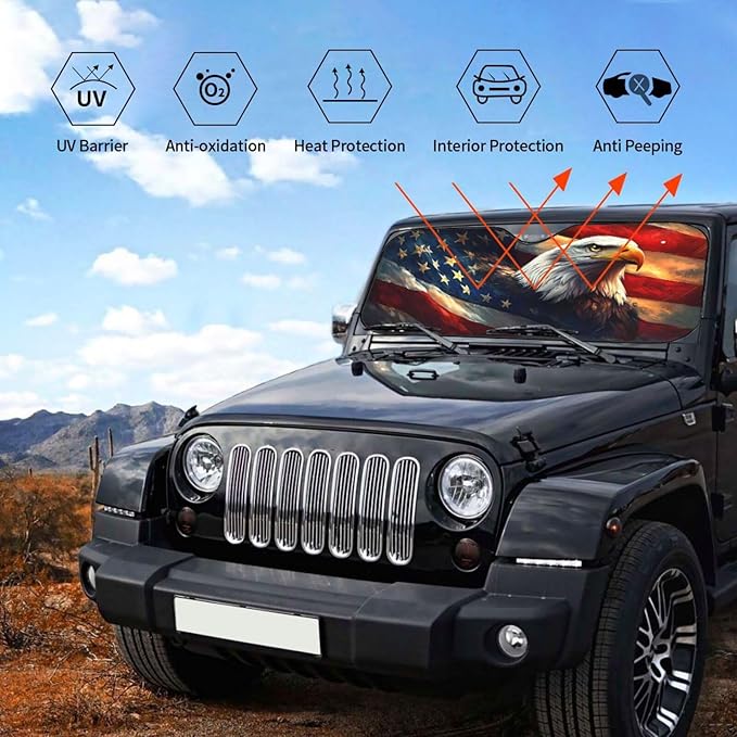 American Flag Car Sun Shade Windshield Sunshade Foldable Front Window Shield Cover for Truck SUV