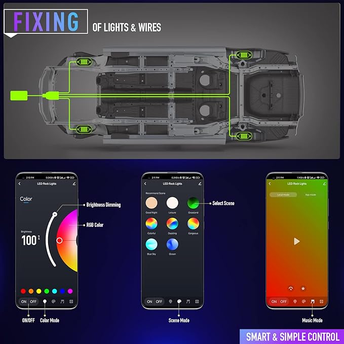 Honalia LED Rock Lights for UTV 4 Pods, Underglow Kit Cars with APP Control Music Mode 60 LEDs, Under Glow Light Car RZR UTV Golf Cart Wheeler Automotive Exterior ATV Accessories