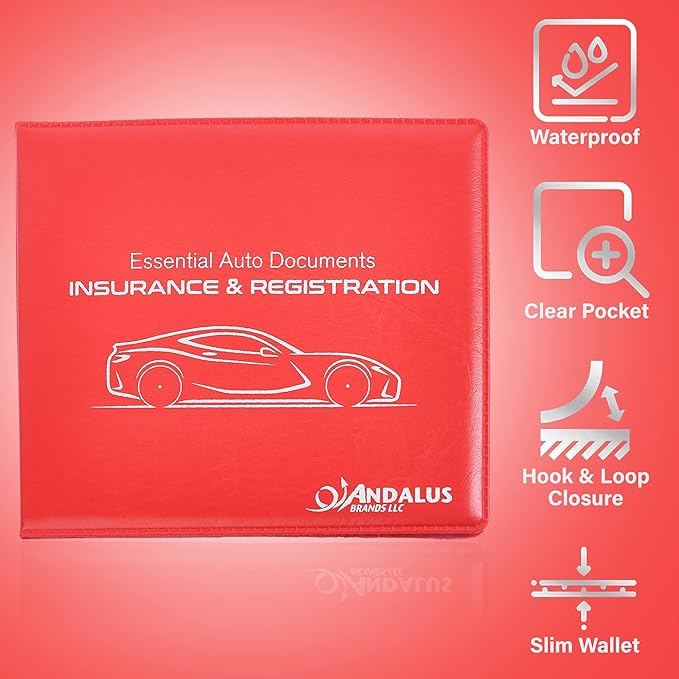 Andalus Auto Registration & Insurance Card Holder Pack of 2, Waterproof Essential Car Registration Holder with Hook & Loop Closure, Perfect for Every Vehicles Glove Boxes (Red - 5 1/8" x 4 5/8")