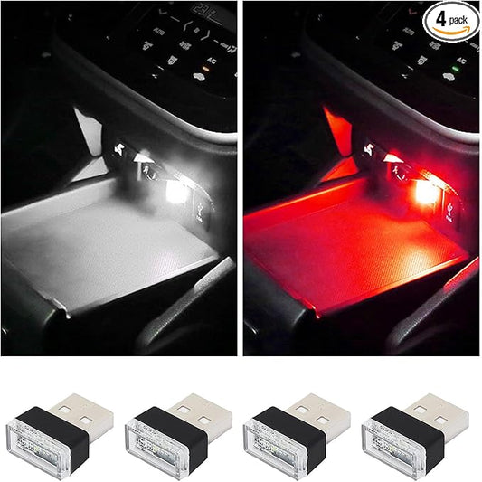 Augeny 4 PCS USB LED Car Interior Atmosphere Lamp, Plug-in USB Decor Night Light, Portable Auto Ambient Lighting Kit, Universal Vehicle Interior Accessories for Most Cars (White & Red)