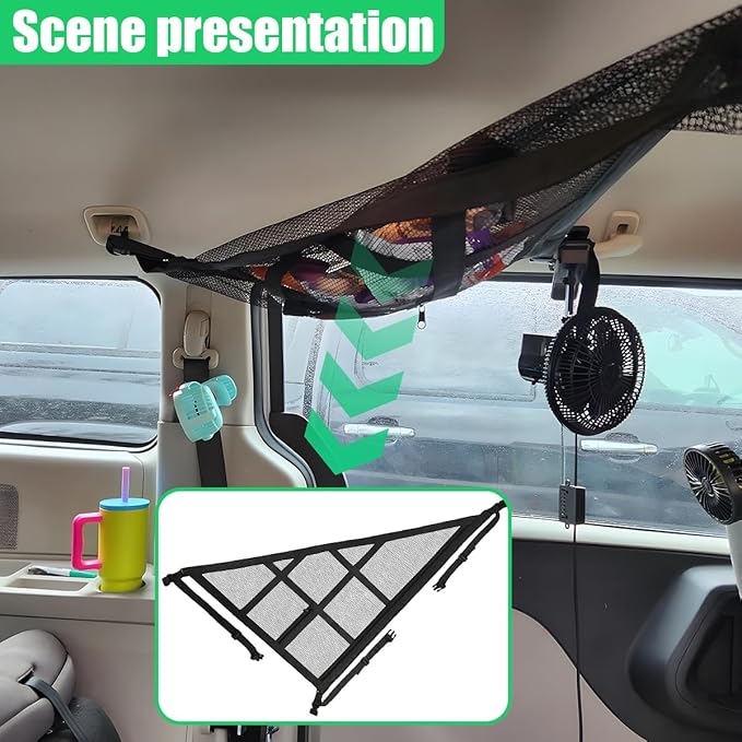 Double-Layer Car Ceiling Cargo Net, 31.49" x 20.86" Auto Roof Mesh Storage Pocket with Adjustable Buckle, 3 & 4-Handle Vehicle Interior Organizer Bag for Road Trips and Camping (Black)