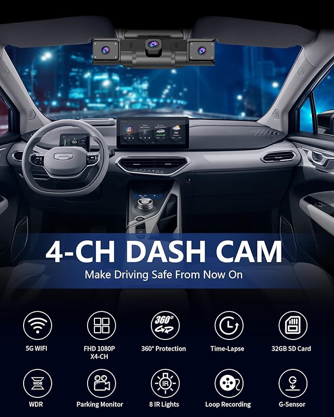 4 Channel Dash Cam 360 View for All-Round Protection, 4-Way Front Rear Inside Recording, Built-in 5G WiFi & GPS, APP Control, 8 IR Night Vision, 24H Parking Monitor, G-Sensor, Free TF Card