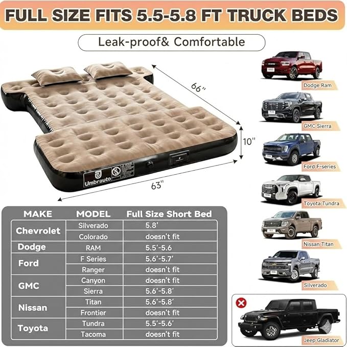 Umbrauto Built-in Pump Air Mattress for 5.5-5.8ft Short Truck Bed, Inflatable Full-Size Pickup Airbed for Ford F150, Chevy Silverado, GMC Sierra, Dodge Ram, Toyota Tundra, Nissan Titan Outdoor Camping