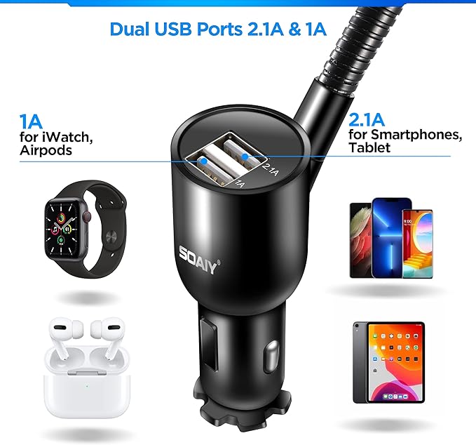 SOAIY 3-in-1 Cigarette Lighter Car Mount + Voltage Detector (Not for Center Console & Window), Dual USB 3.1A Charger with Adjust Gooseneck & 360° Rotating Car Mount Cradle for 1.7-3.7inch Width Phones