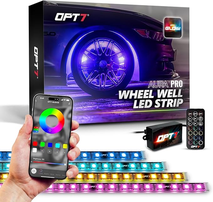 OPT7 Aura Pro Wheel Well Lights Kit with APP & Remote Control, 4pc 24" Waterproof LED Strips, Music Sync, RGB Multi-Color Modes Neon Tire Rim Lights for Car Truck SUV Van