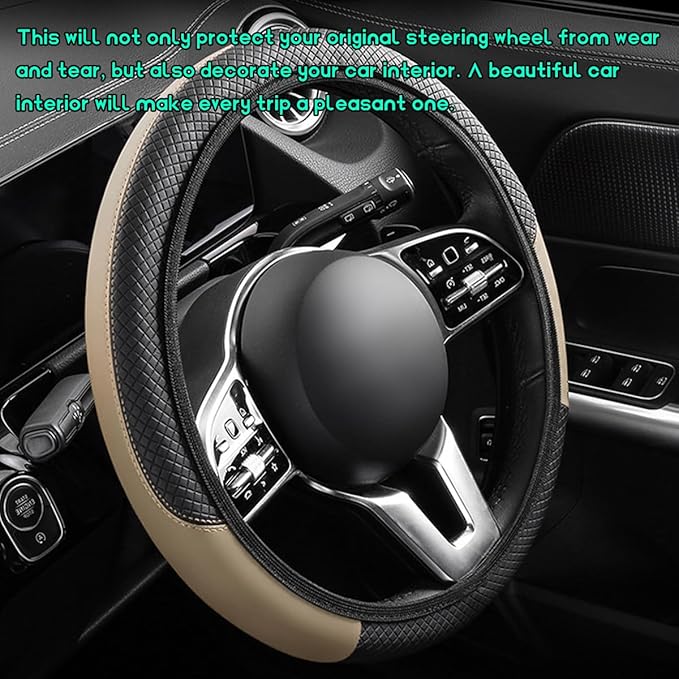 Car Steering Wheel Cover, 15 inch Carbon Fiber Microfiber Leather Elastic Steering Wheel Protector, Breathable Anti-Slip Comfortable Steering Wheel Covers for Most Cars (Beige, AD)