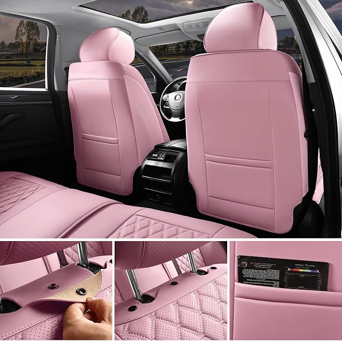 Car Seat Covers Front Seats Pink, Luxury Faux Leather Car Seat Covers Waterproof Non-Slip Seat Protector Universal Fit for Most Cars SUVs Trucks Pick-ups, Cute Pink Car Accessories for Women