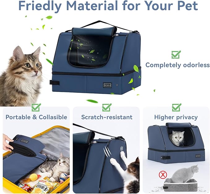 PETSFIT Portable Travel Cat Litter Box with Lid – Collapsible, Leak-Proof & Washable 2-Layer Lining, Sturdy Support Frame, for Hotel/Car/Camping, Cat Travel Essentials for Kitty/Medium Cats Light Blue