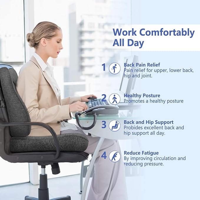 Seat Cushion & Lumbar Support Pillow Set for Office Chair, Ergonomic Pillow for Sciatica Pain Relief, Memory Foam Back Support Pillow & Chair Cushion for Car seat, Desk Chair (Grey)