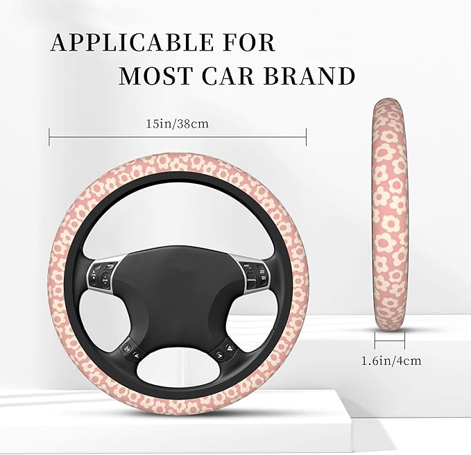 Vintage Pink Flower Steering Wheel Cover Cute Universal 15 Inch Car Accessories Protector for Women Fit Auto SUV Sedan Vans Trucks