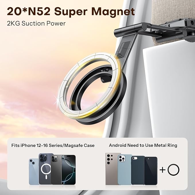 OMOTON TP02 360°Rotating for MagSafe Tripod, Adjustable Aluminum Magnetic Phone Tripod for iPhone 17/16/15/14 Pro Max Air, Foldable Cell Selfie Stick Fits Vlog, Gym, Travel Essentials, Black& Black