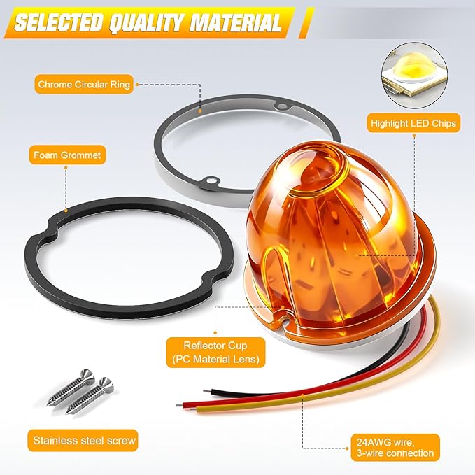 BJZ 6Pcs Amber Watermelon LED Strobe+Constant Marker Lights Dual Function Watermelon-shaped Side Marker Clearance Tail Top Cap Roof Lights for Trailer Truck Semi-trailer Heavy-duty Truck Bus Van