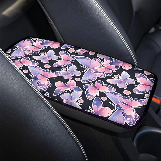 Colorful Butterfly Console Center Armrest Lid Cover Protector Car Armrest Storage Box Mat Interior Accessories for Most Vehicle, SUV Christmas Decor