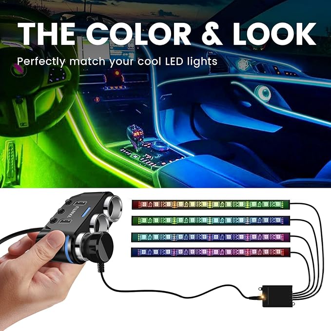 YANTU Cigarette Lighter Adapter & Splitter with 150W 3-Sockets & LED Ambient Lighting, Dual USB Fast Charging Car Outlet 12V, Car Cigarette Lighter Socket Plug Extension for Vehicles