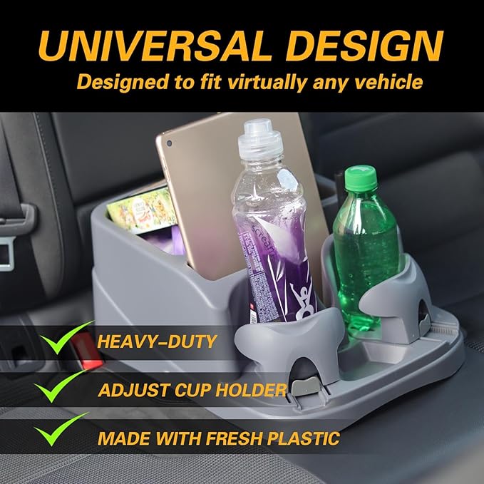 Big Plastic Console for Cars, Trucks, Minivans, SUVs with 2 Adjustable Drink Cup Holders pad Book Holder, Back Bench and Front Seat or Floor Middle Console Universal Vehicle Organizer Grey