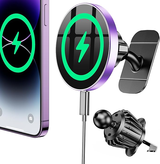Coolpow for Magsafe Car Mount Charger【100% Stable】 15W Magsafe Car Charger Magnetic Phone Holders for Your Car Accessories for Women Men car Phone Holder Wireless Car Charger for iPhone (Purple)