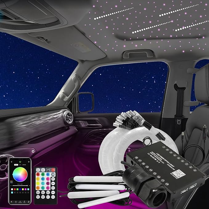 AKEPO 3-in-1 Shooting Star+6W RGBW APP Fiber Optic Lights Kit+Under Dash Car LED Interior Lights, Meteor Effect+Music Sync Activated+Optical Fiber Cable 460pcs Mixed Diameter in 9.8ft/3m+ Remote