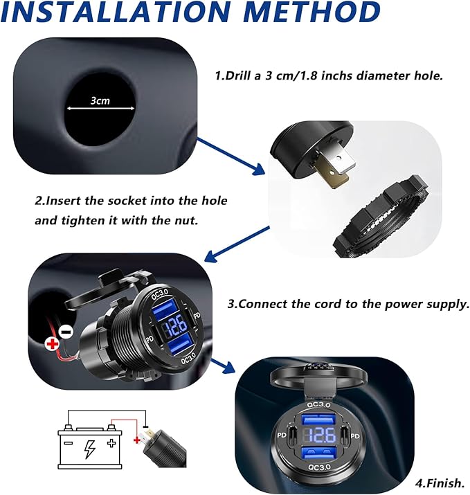 Dual PD USB C Ports & Dual Quick Charge 3.0 Ports Car Charger Socket, VANONE Aluminum Alloy Waterproof 12V USB Outlet, Accessories for Car Boat Marine Motorcycle RV ATV Truck Golf Cart, etc