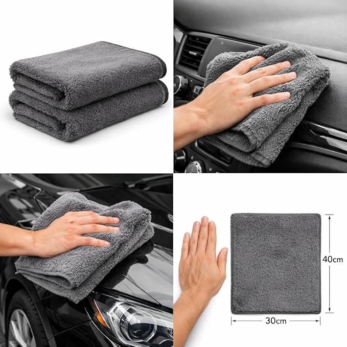 Microfiber Car Drying Towel 2 Pack, Ultra Absorbent Car Cleaning Cloth, Scratch Free & Streak Free Car Drying Towels for Cars, Trucks & Bikes – 30x40 cm (12x16 Inch) Grey